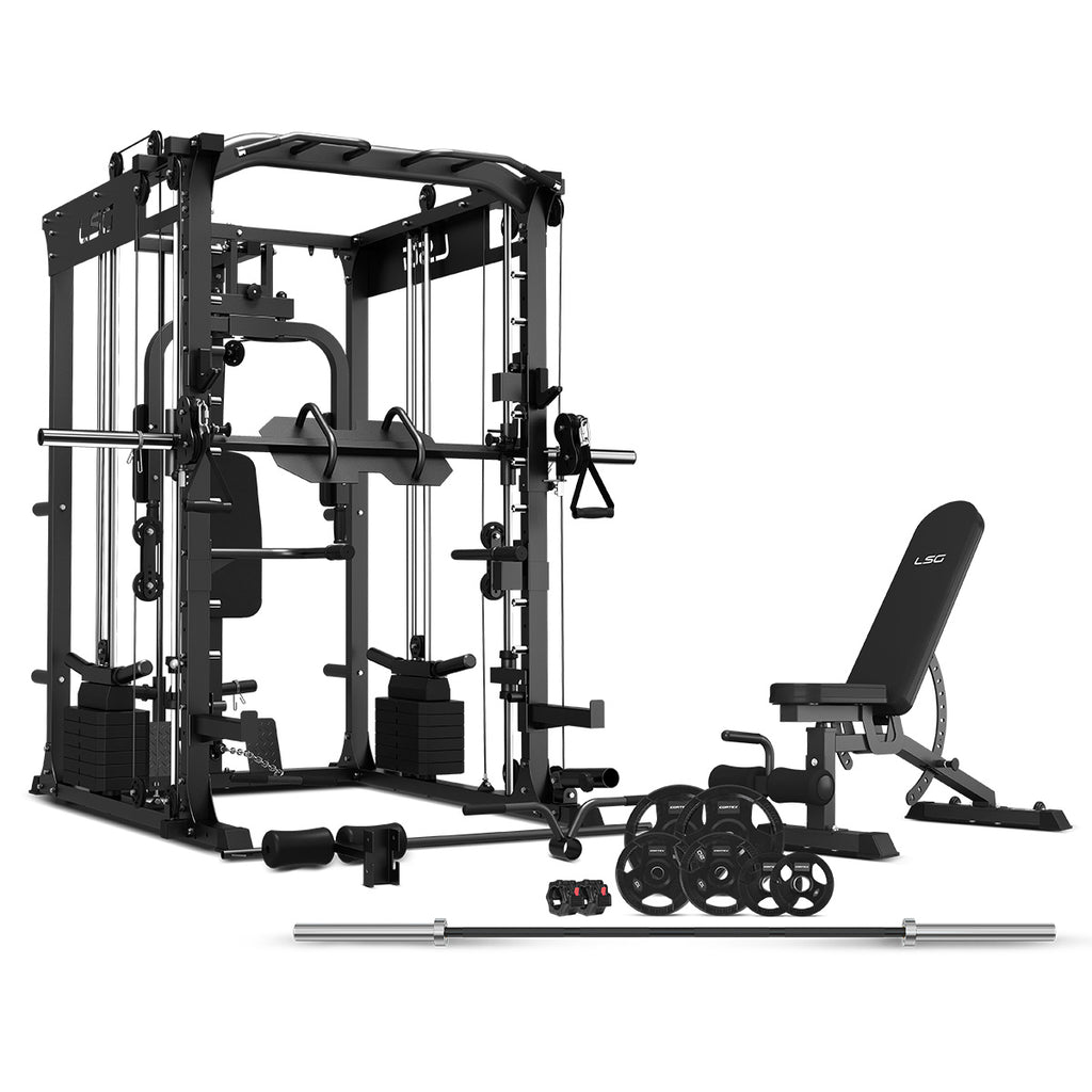 GRK200 10-in-1 Home Gym Station, Power Rack, Smith Machine and Cable Crossover + 90kg Olympic Barbell & Weight Plate Set