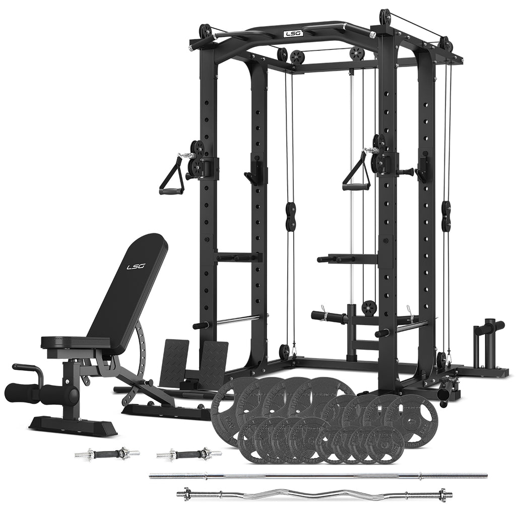 GRK-100 6-in-1 Multifunction Home Gym/Power Rack with Cable Crossover + GBN006 Bench + 90kg Standard Weight Plate & Bar Set