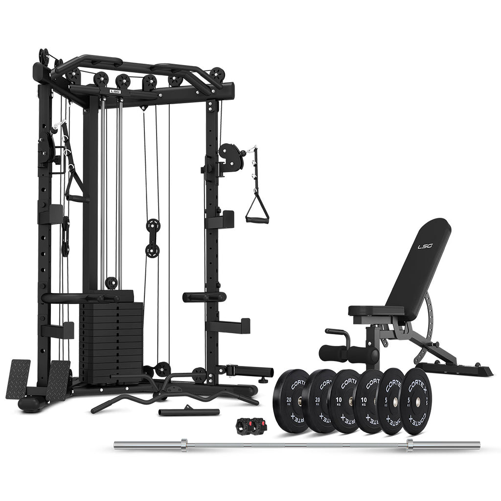 GRK-110 Space Saving Multi-Function Rack with 74kg Cable Crossover + FID Bench + 90kg Olympic Bumper Weight Package