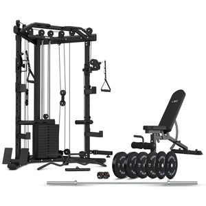 GRK-110 Space Saving Multi-Function Rack with 74kg Cable Crossover + FID Bench + 90kg Olympic Bumper Weight Package