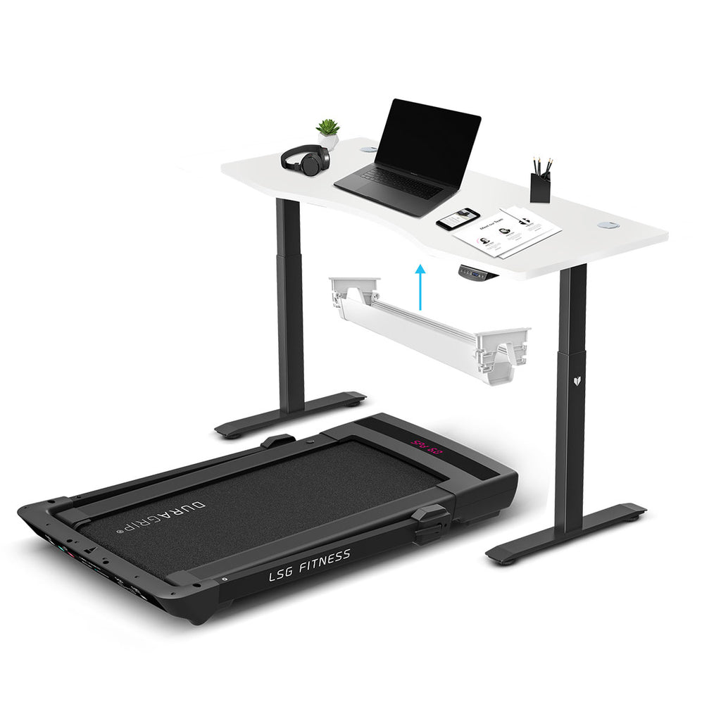 Pacer M5 Treadmill + ErgoDesk Automatic Standing Desk 150cm + Cable Management Tray (White)
