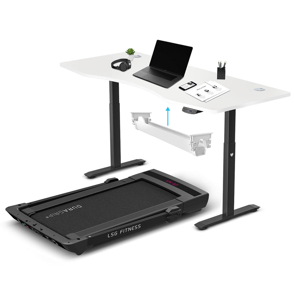 Pacer M5 Treadmill + ErgoDesk Automatic Standing Desk 180cm + Cable Management Tray (White)