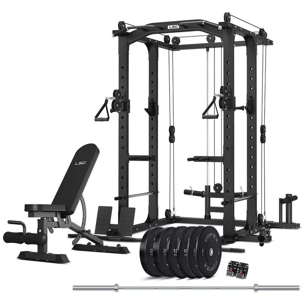 GRK-100 6-in-1 Multifunction Home Gym/Power Rack with Cable Crossover + GBN006 Bench + 90kg Bumper Weight Plate & Barbell Set